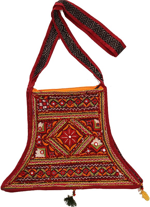 Mars-Red Shoulder Bag from Kutch with Floral Embroidery