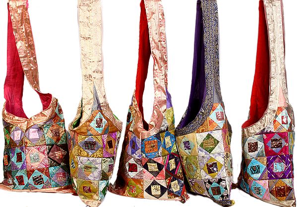 Lot of Five Multi-Color Patchwork Jhola Bags with Brocade Weave