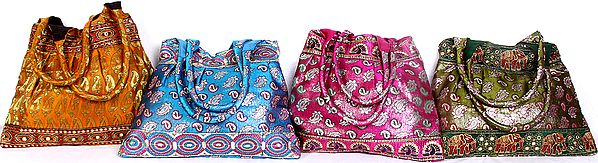 Lot of Four Shopper Bag with Woven Paisleys and Embroidered Patch Border