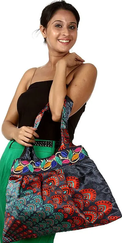 Gray Printed Shopper Bag from Gujarat with Patch Border