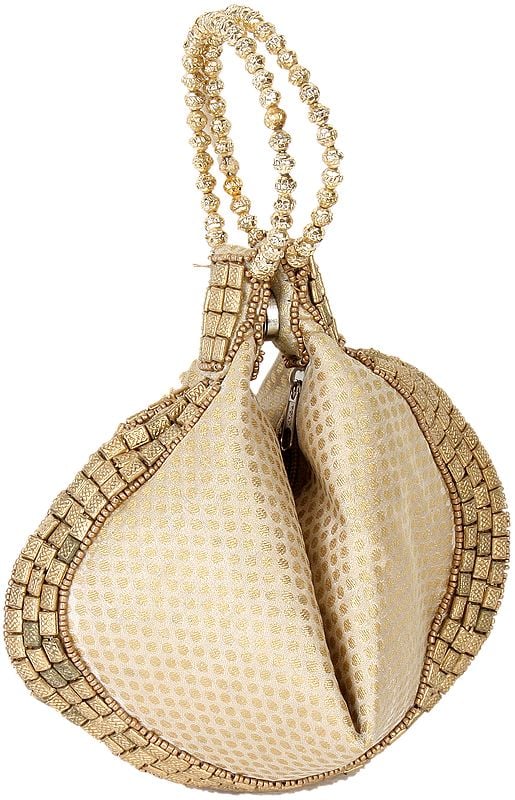 Ivory and Golden Bracelet Bag with Brocade Weave and Beadwork