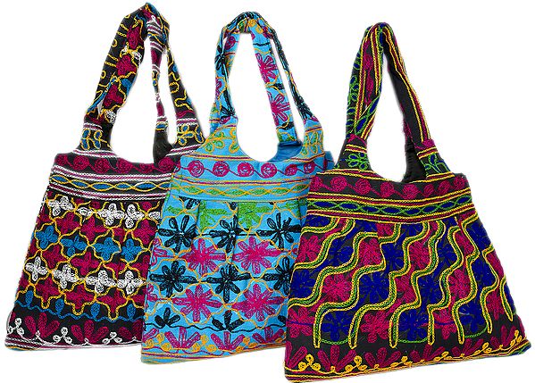 Lot of Three Shopper Bags from Gujarat with Aari Embroidery