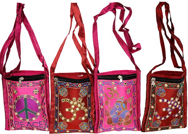 Lot of Four Passport Bags with Embroidered Auspicious Symbols