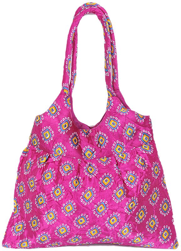 Satin Shopper Bag With Embroidered Patch Border And Bandhani Print 