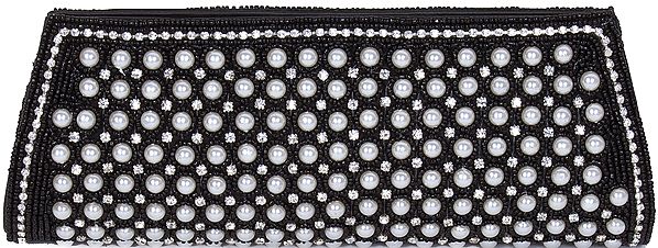 Black Fancy Clutch Bag with Faux Pearls and Crystals