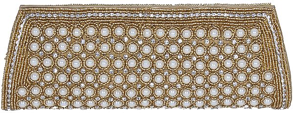 Golden Fancy Clutch Bag with Faux Pearls and Crystals