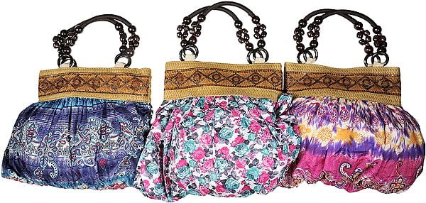 Lot of Three Hobo Bags with Printed Flowers and Wooden Handles