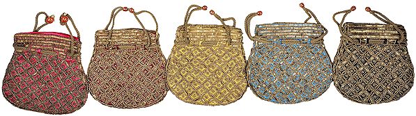 Lot of Five Potli Drawstring Bags with Zardozi Embroidery by Hand