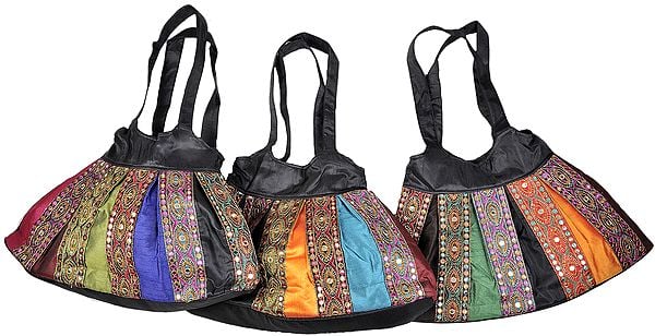Lot of Three Shopper Bags from Gujarat with Embroidery and Patch Border