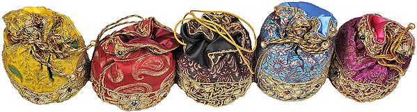 Lot of Five Drawstring Potli Bags with Brocade Weave and Embroidered Flowers