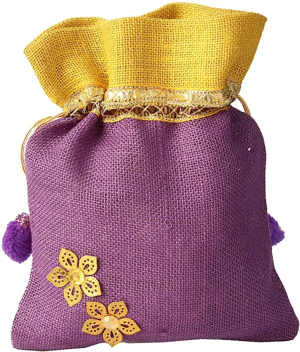 Purple and Yellow Drawstring Potli Bag with Embellishments and Patchwork