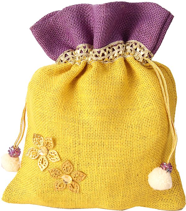 Purple and Yellow Drawstring Potli Bag with Embellishments and Patchwork