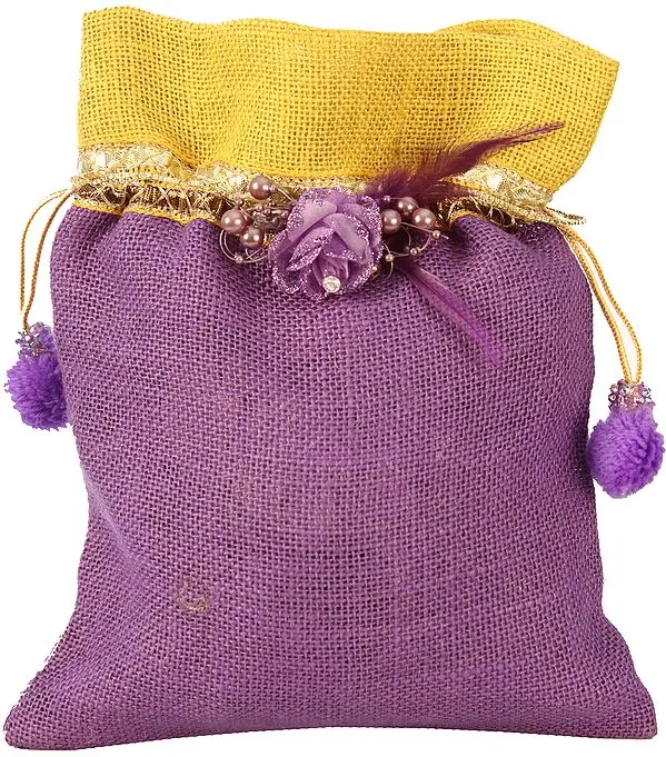Purple and Yellow Drawstring Potli Bag with Embellishments and Patchwork