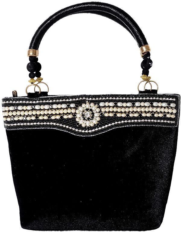 Black HandBag with Embroidered Faux Pearls and Beads