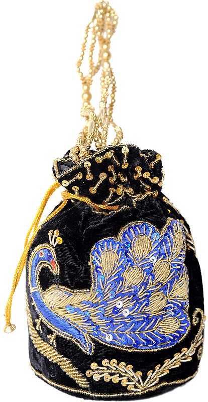 Drawstring Potli Bags with Zardozi Embroidered Peacock and Sequins