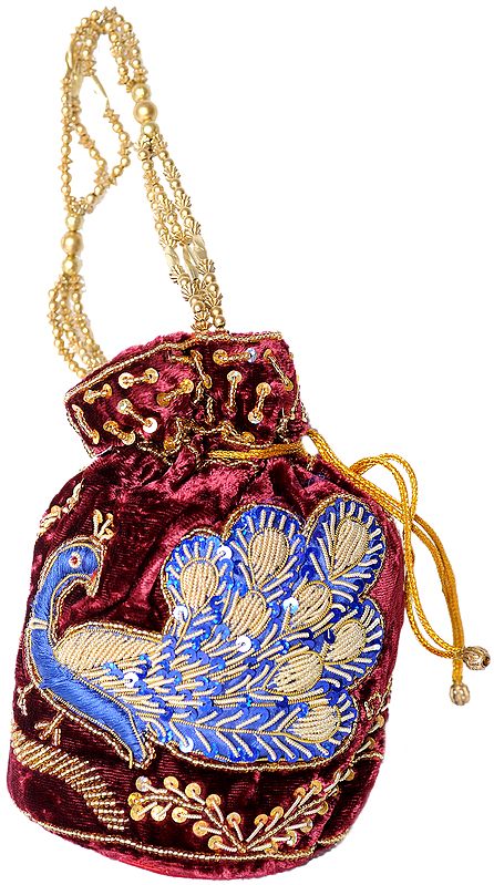 Drawstring Potli Bags with Zardozi Embroidered Peacock and Sequins