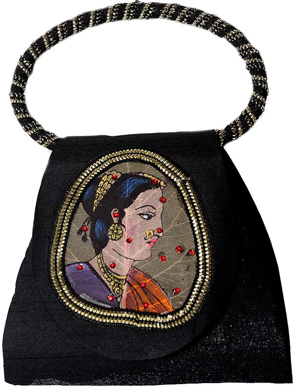 Bracelet Bag with Beadwork and Painted Lady Figure on Fig Leaf