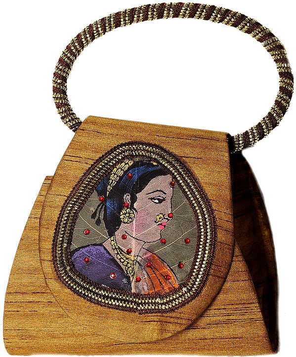 Bracelet Bag with Beadwork and Painted Lady Figure on Fig Leaf