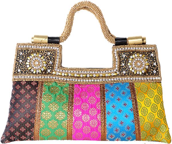 Multi-Color HandBag with Brocade Weave and Embroidered Beads