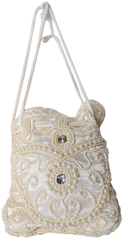 Cream Drawstring Potli Bag with Faux Pearls and Beads