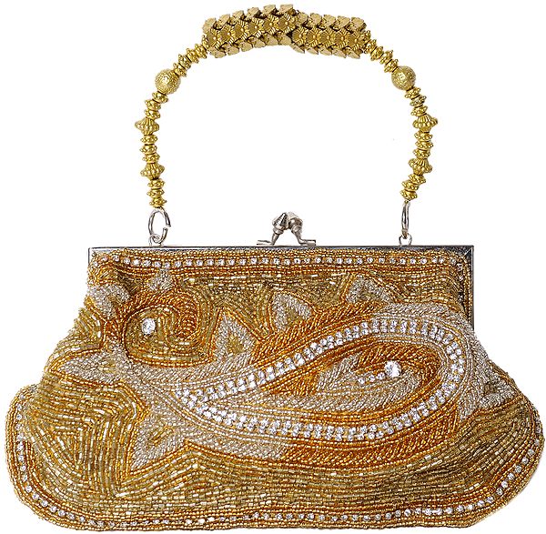 Golden Bracelet Bag with Beads Embroidered Paisleys
