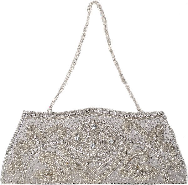 Gray Clutch Bag with Beads Embroidered Paisleys