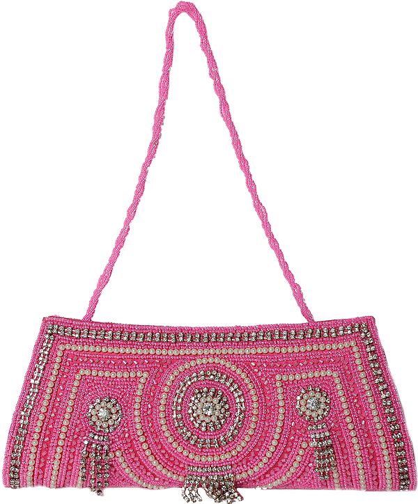 Hot-Pink Clutch Bag with Bead Work and Faux Pearls
