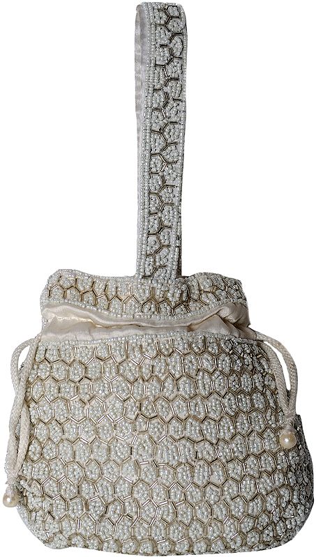 Ivory Drawstring Potli Bag with Antique Faux Pearl Embroidery