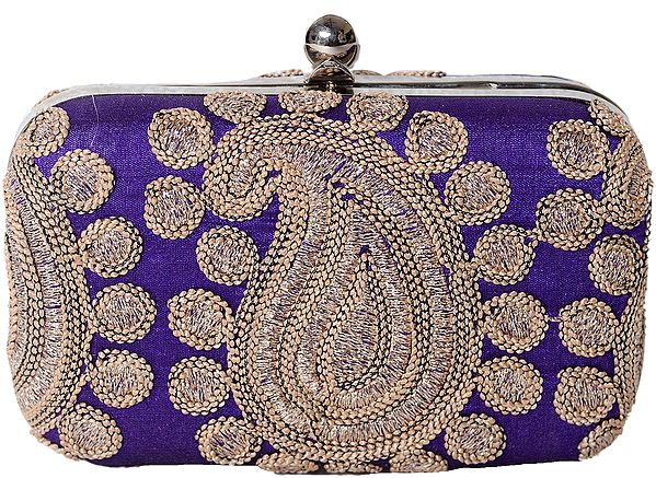 Pansy-Purple Clutch Bag with Metallic Thread Embroidered Paisleys