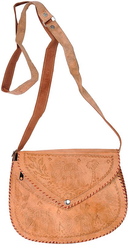 Fawn Leather Handbag from Jodhpur with Etched Elephants