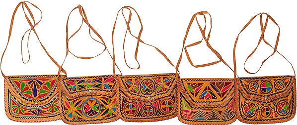 Lot of Five Leather Handbags from Jodhpur with Aari Embroidery by Hand