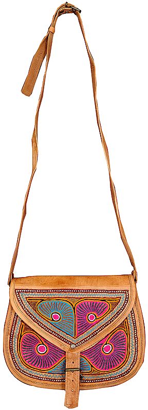 Fawn Leather Handbag from Jodhpur with Aari Embroidery by Hand