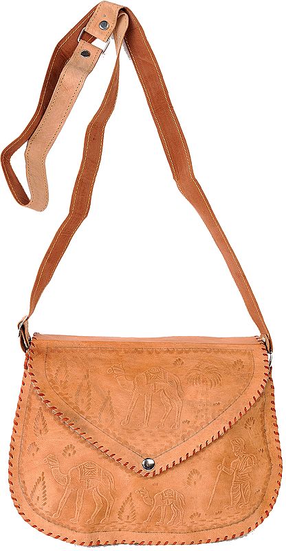 Fawn Leather Handbag from Jodhpur with Etched Camels