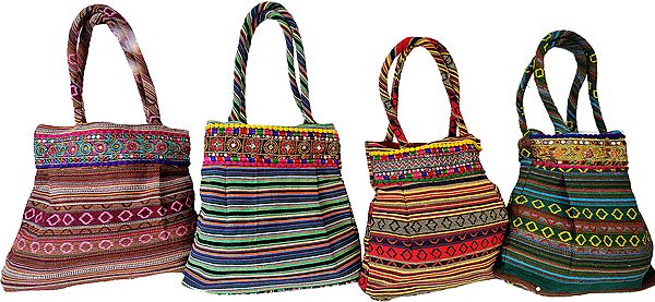 Lot of Four Woven Shopper Bag with Embroidered Patch Border