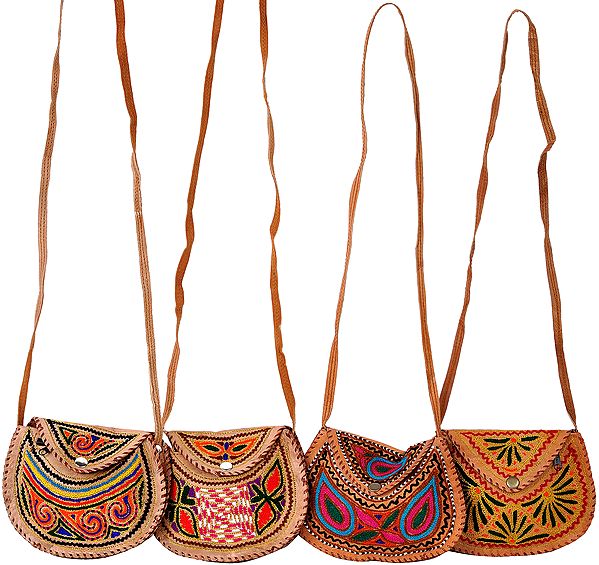 Lot of Four Leather Handbags from Jodhpur with Aari Embroidery by Hand