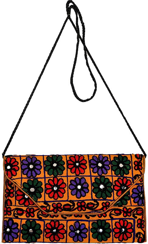 Clutch Bag from Jaipur with Crewel Embroidered Flowers and Mirrors
