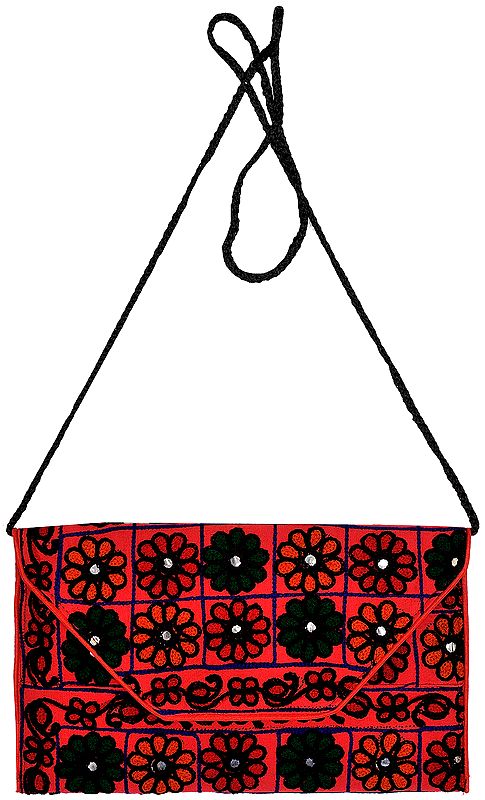 Clutch Bag from Jaipur with Crewel Embroidered Flowers and Mirrors