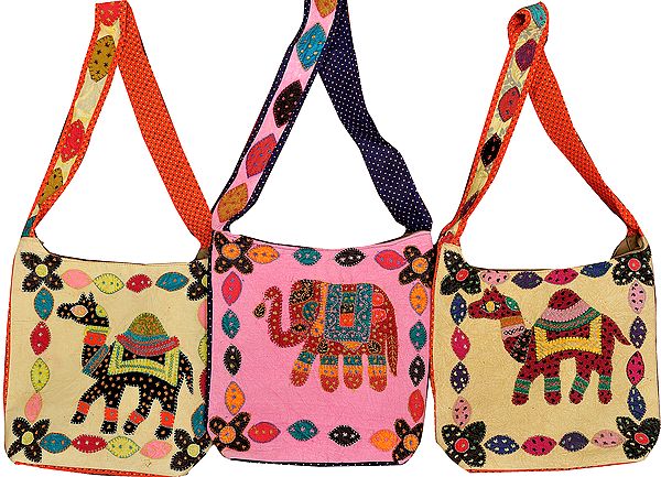 Lot of Three Jhola Bags from Jodhpur with Applique Elephants and Camels