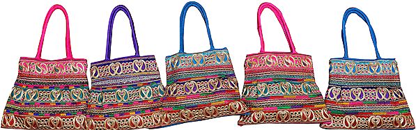 Lot of Five Shopper Bags with Embroidered Paisleys in Metallic Thread