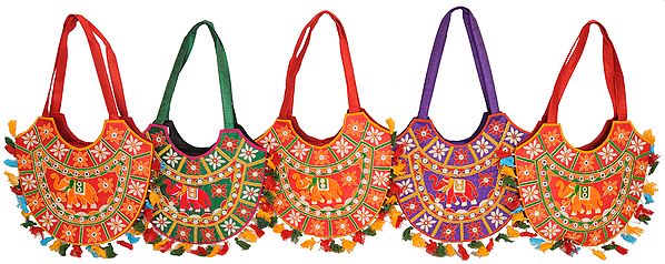 Lot of Five Embroidered Shopper Bags from Kutch with Mirrors and Elephant