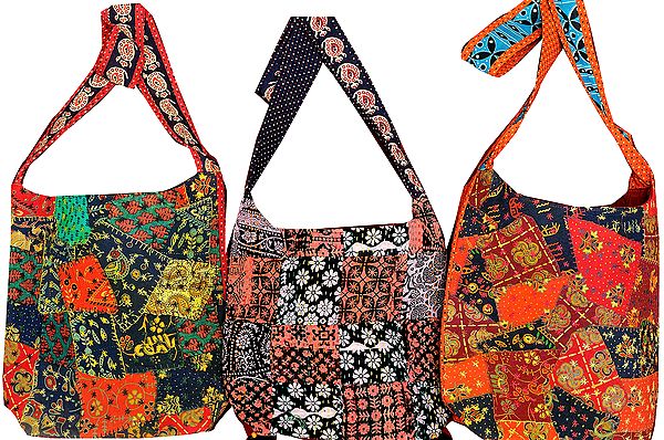 Lot of Three Shopper Bags with Printed Patches and Kantha Embroidery