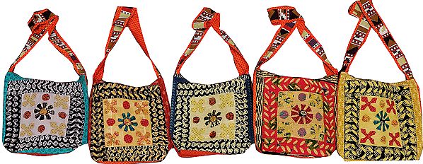 Lot of Five Stonewashed Shopper Bags with Applique Work