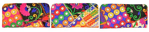 Multicolored Lot of Three Clutch Bags with Embroidered Patches and Mirrors