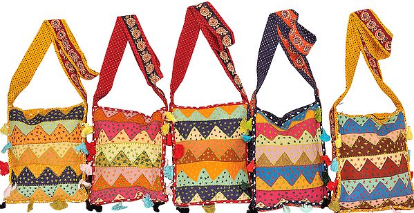 Lot of Five Jhola Bags with Patchwork and Kantha Embroidery