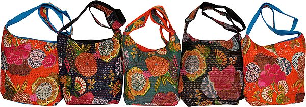 Lot of Five Sling Bags with Printed Flowers and Kantha Stitch