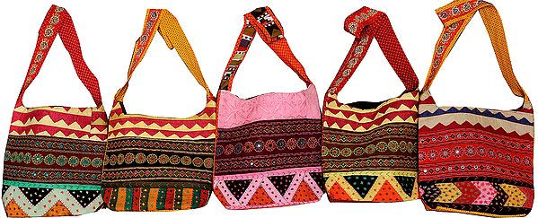 Lot of Five Kantha Embroidered Shopper Bags with Mirrors