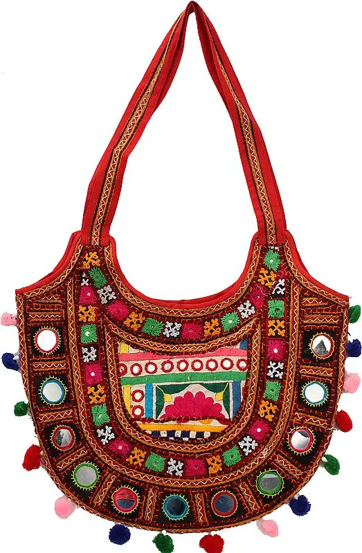 Multicolored Floral-Embroidered Shoulder Bag from Kutch
