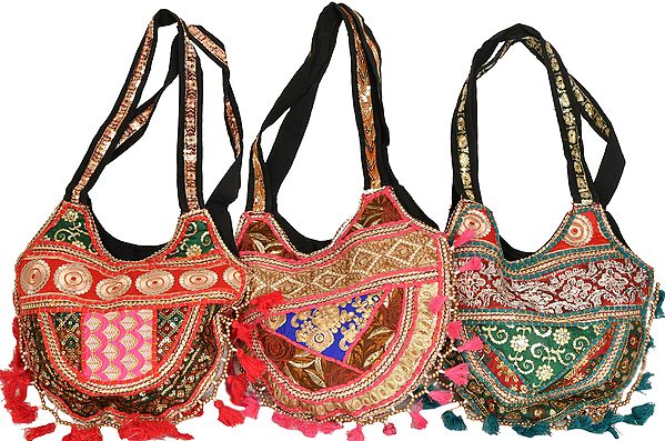 Lot of Three Shopper Bags from Gujarat with Embroidered Patchwork and Sequins