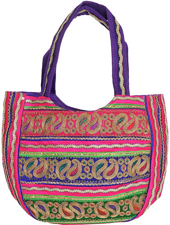 Multi-Color Shopper Bag from Kutch with Zardozi Embroidery All-Over