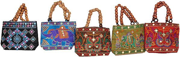 Lot of Five Embroidered Handbags from Kutch with Beaded Handles